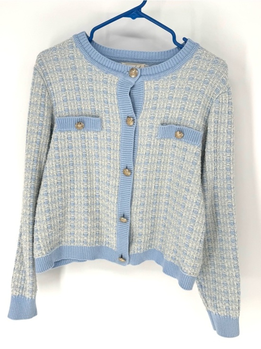 Marled Light Blue feminine Tweed-Style Cardigan Blazer with Gold Buttons